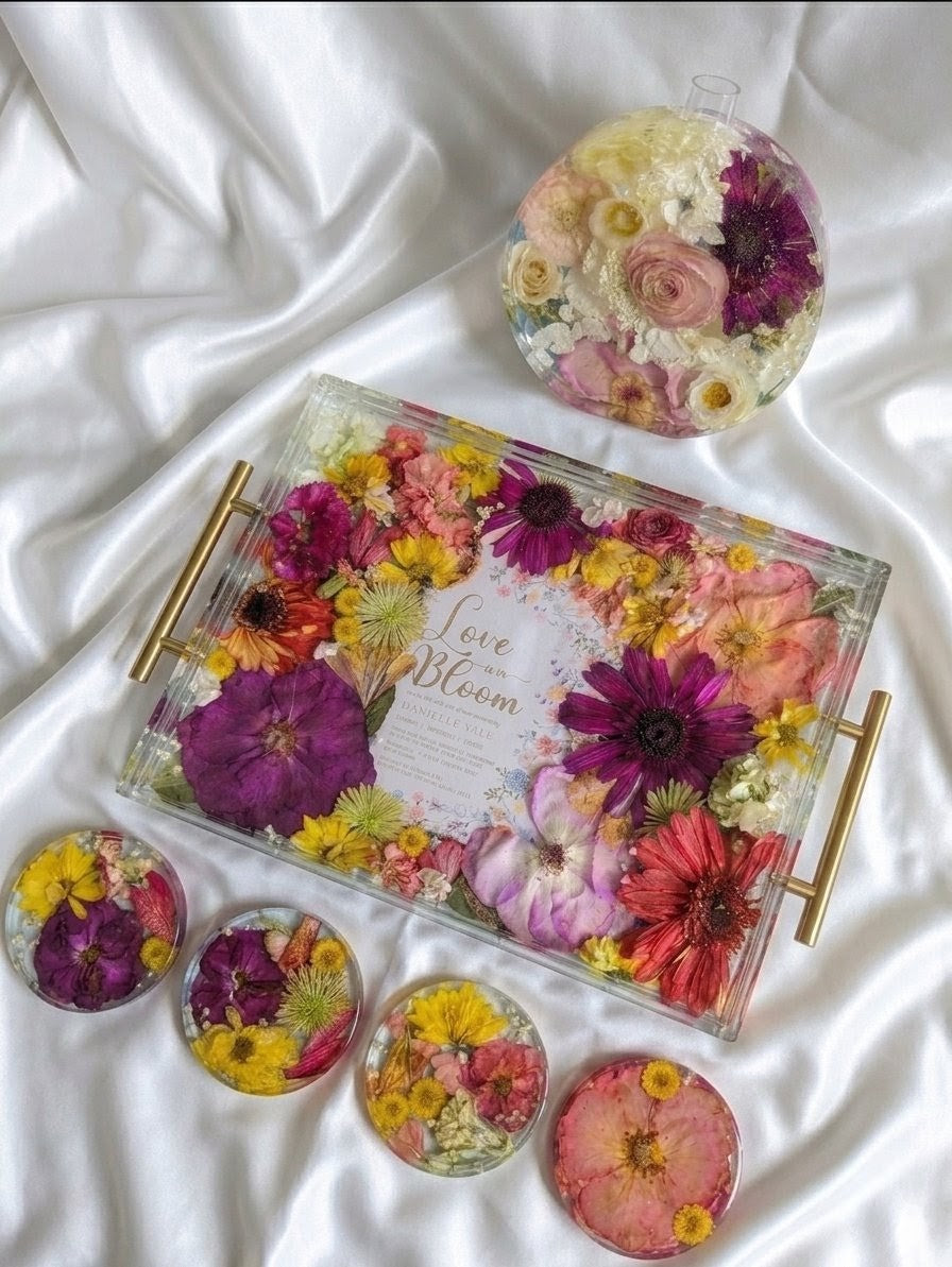 Love in Bloom Bundle | 16x12 Tray | Set of Four Coasters | Floral Bud Vase