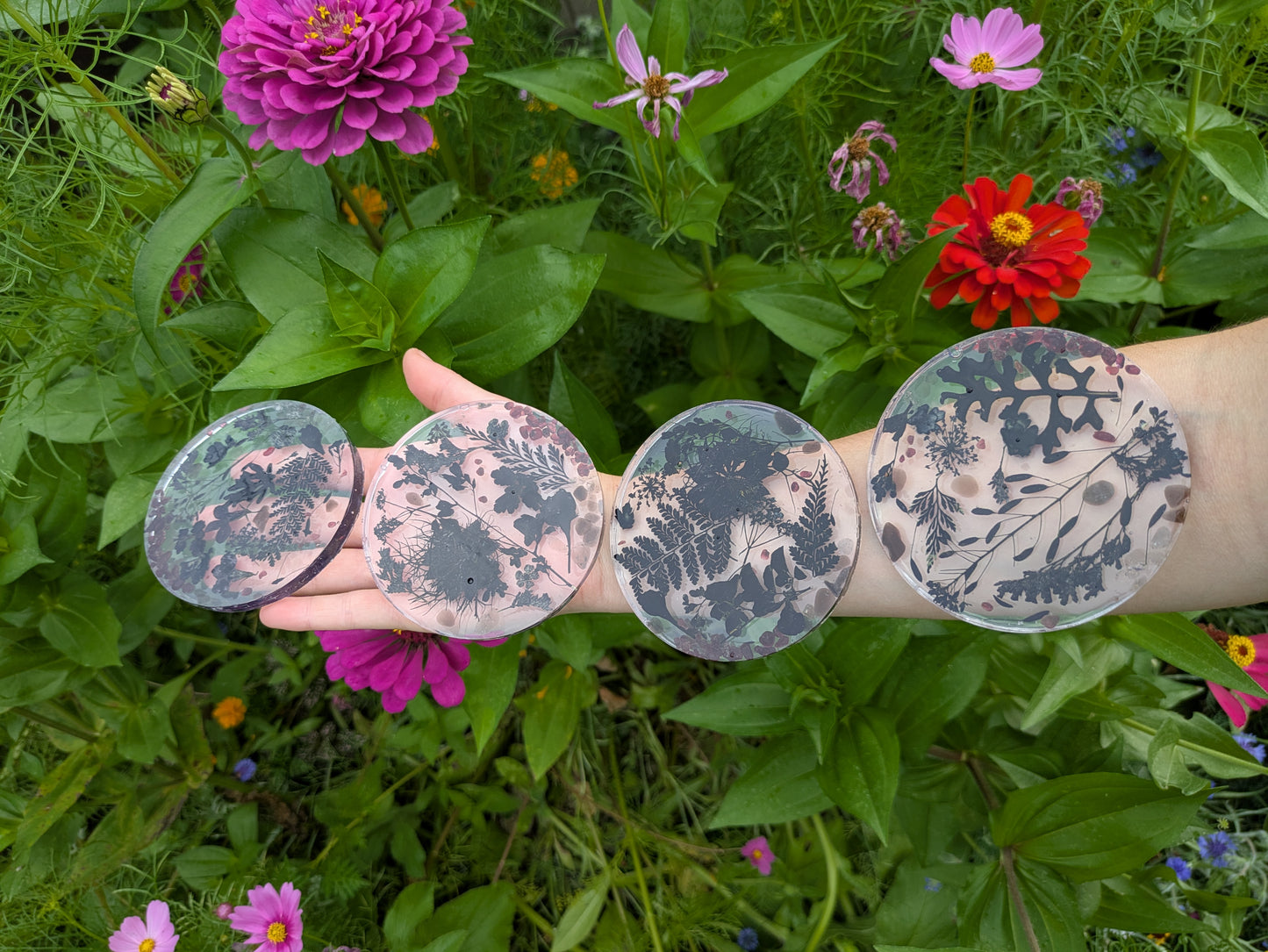 Dark Floral Coaster Set With Black Tourmaline & Red Garnet Crystals