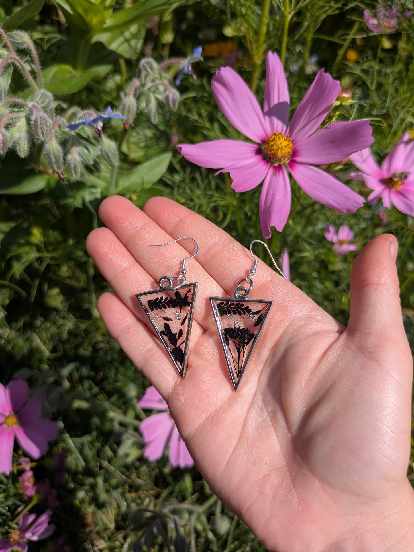 Dark Floral Silver Earrings