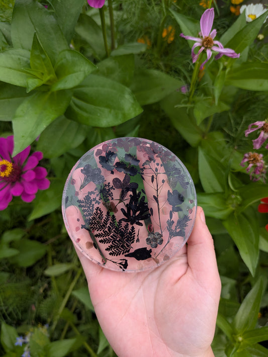 Dark Floral Bouquet Coaster Set With Black Tourmaline & Red Garnet Crystals