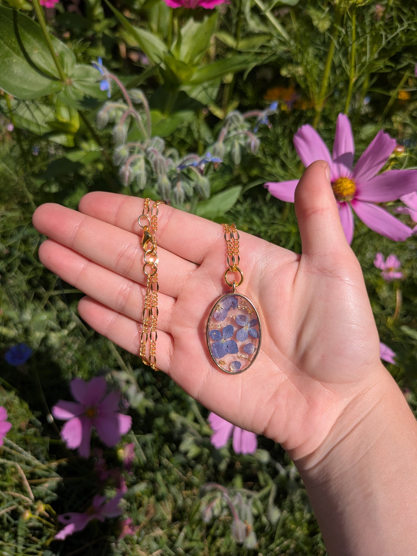 Blue Hydrangea Golden Necklace