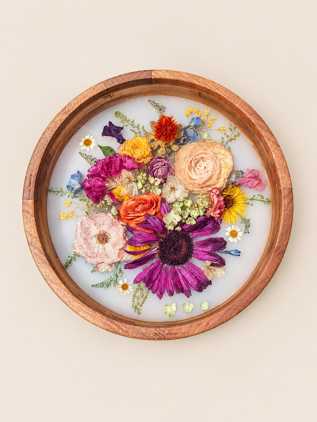 Flora Burst | Olive Wood Bowl DisplayWith Florals | White Background | 8x6