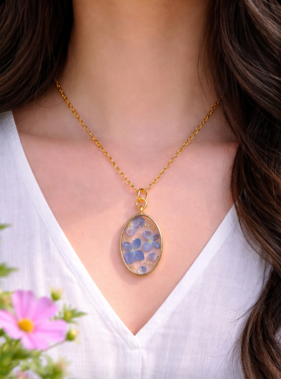 Blue Hydrangea Gold Necklace