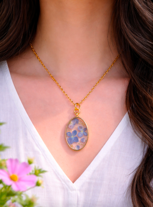 Blue Hydrangea Gold Necklace