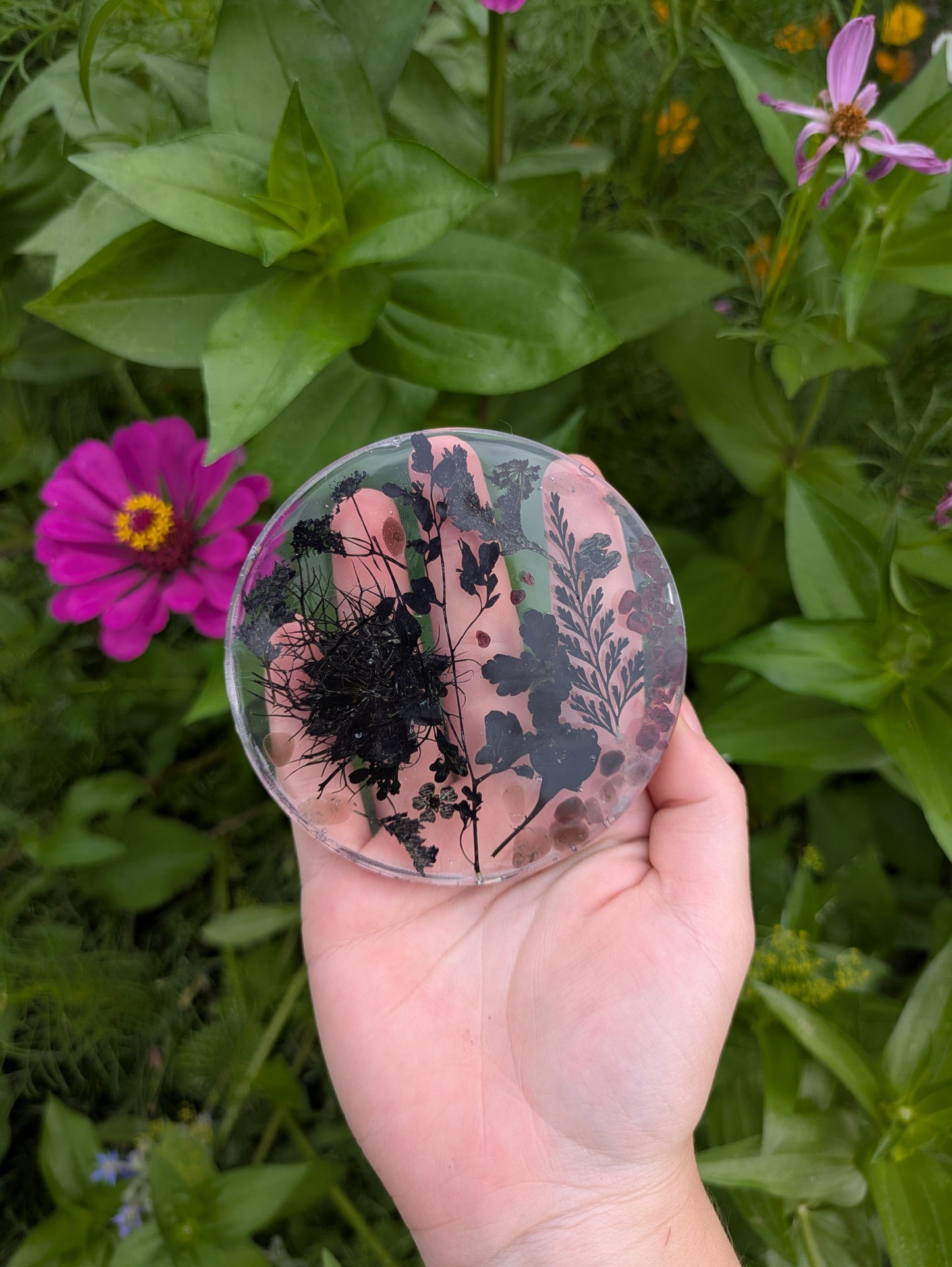 Dark Floral Coaster Set With Black Tourmaline & Red Garnet Crystals