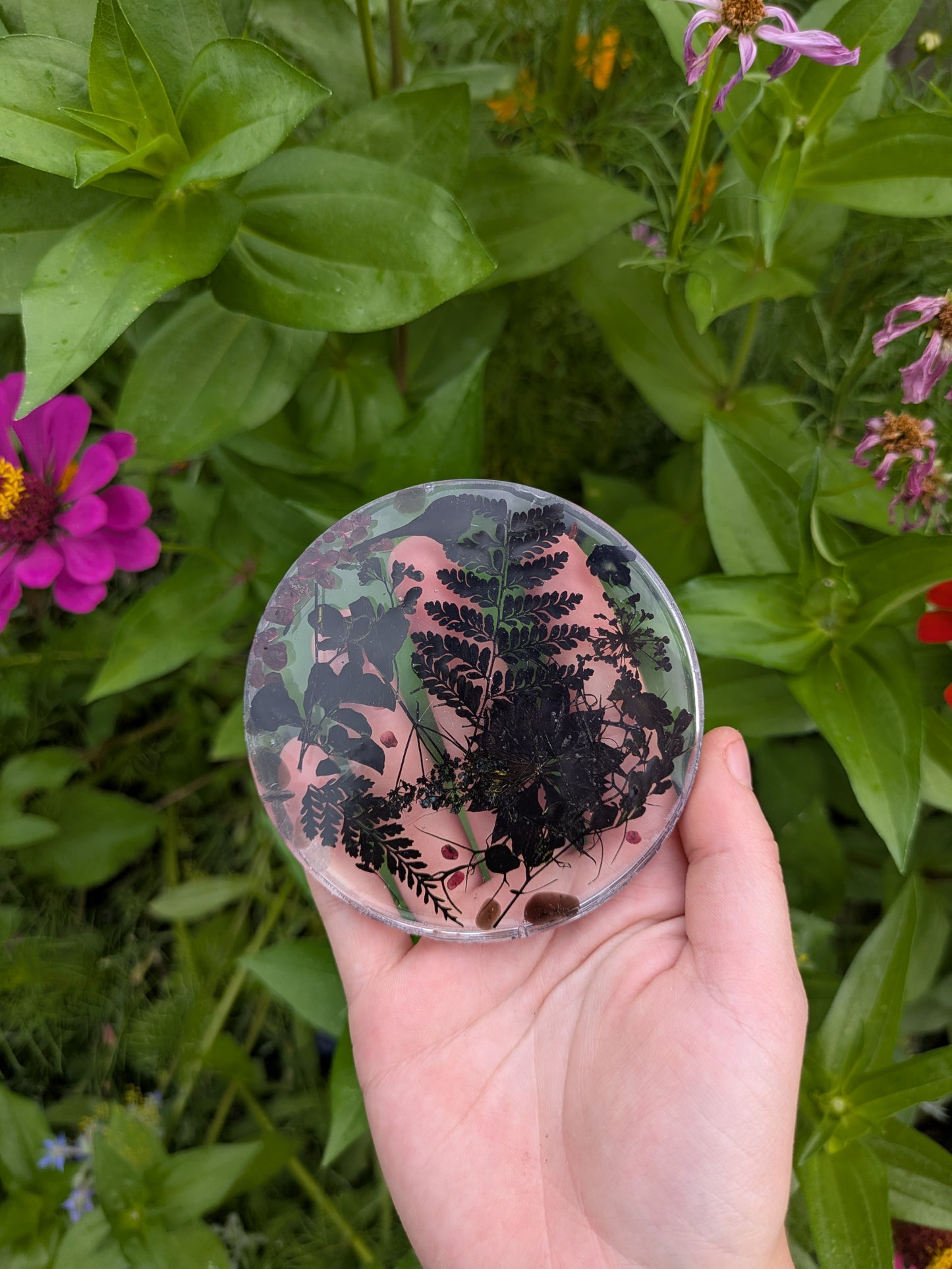 Dark Floral Coaster Set With Black Tourmaline & Red Garnet Crystals