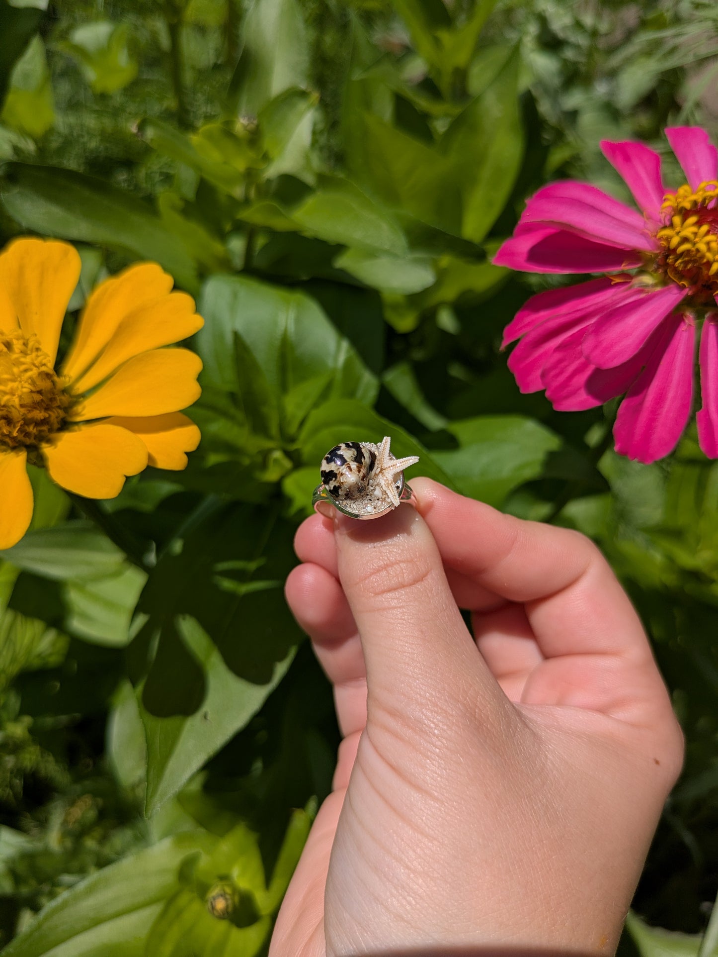 Japanese Spiral Shell With Star Fish Adjustable Silver Ring
