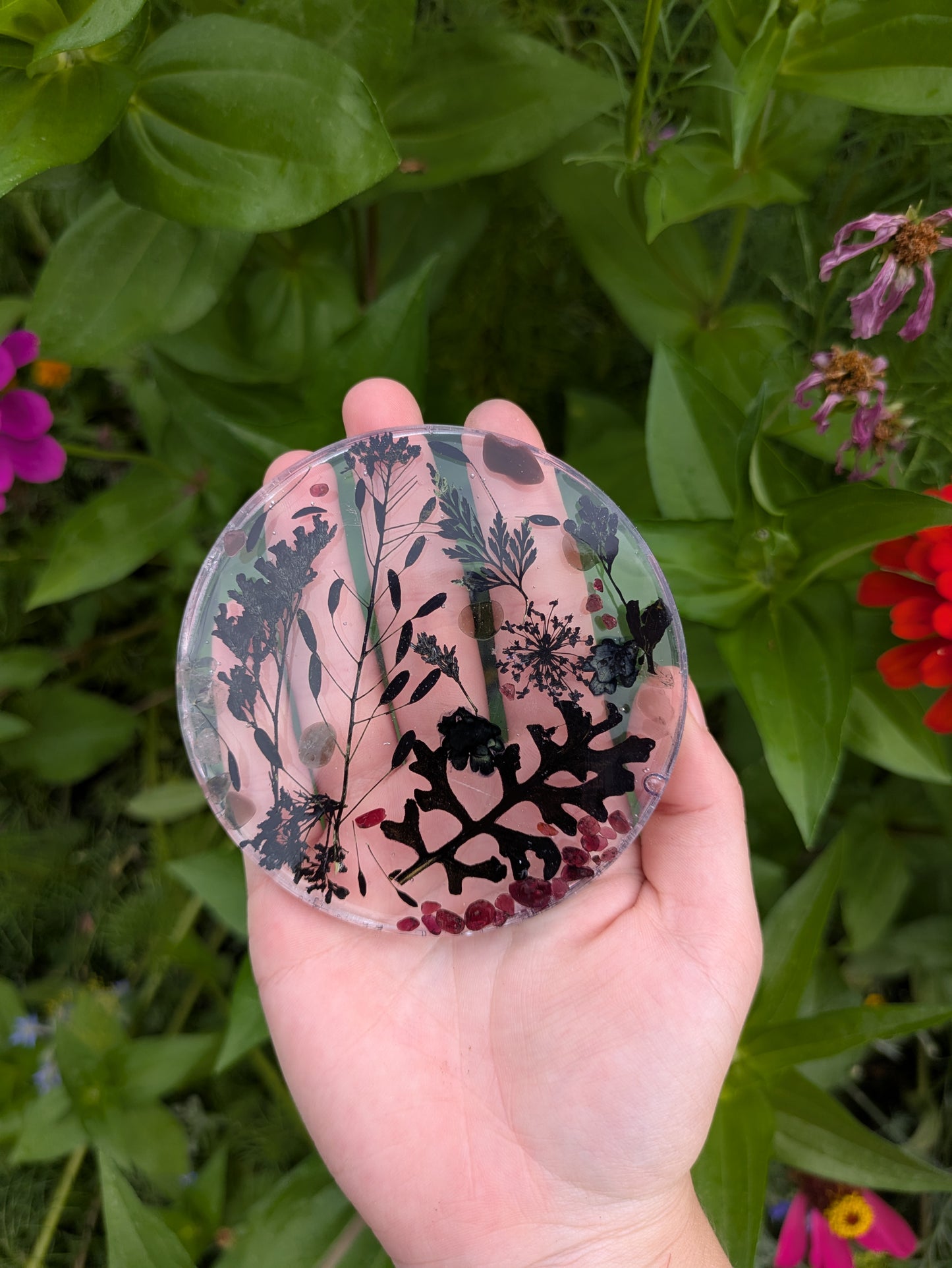 Dark Floral Coaster Set With Black Tourmaline & Red Garnet Crystals