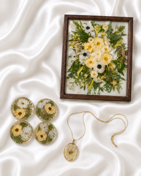 Everlasting Bloom Bundle | 16x20 Frame | Set of Four Coasters | Keepsake Necklace