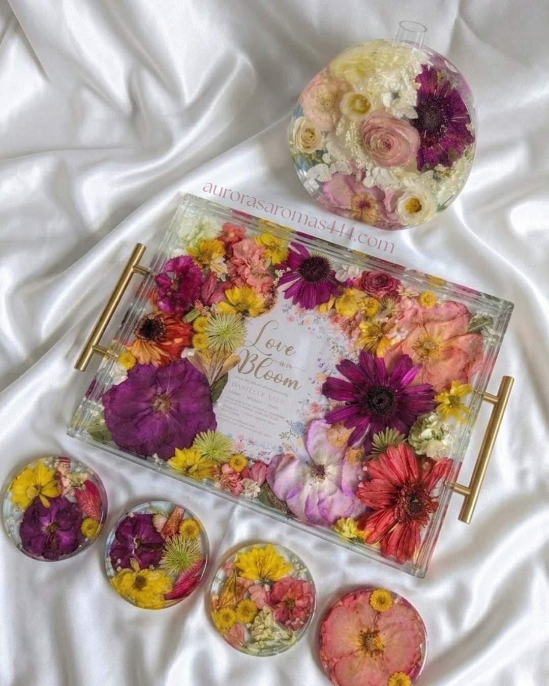 Love in Bloom Bundle | 16x12 Tray | Set of Four Coasters | Floral Bud Vase